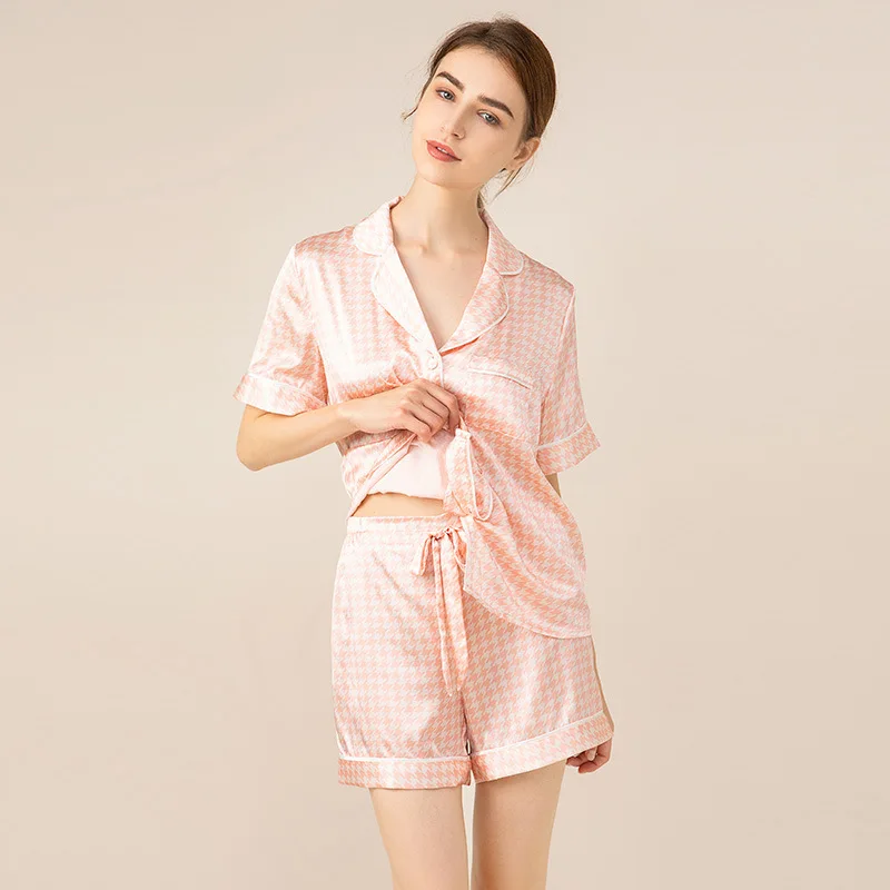 Luxury 100% Mulberry Silk Women Pajamas 2 Piece Set Houndstooth Short Sleeve Button Down Night Suit Loungewear For Ladies Gift - AliExpress Women's Sleep & Lounge