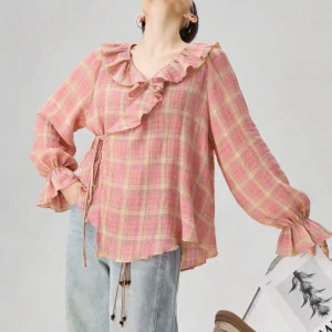 Pink Plaid V-neck Lantern Sleeve Shirt Women's Spring Fashion Design Casual Loose Fit Long Sleeve Button up Top - AliExpress Shirts & Blouses