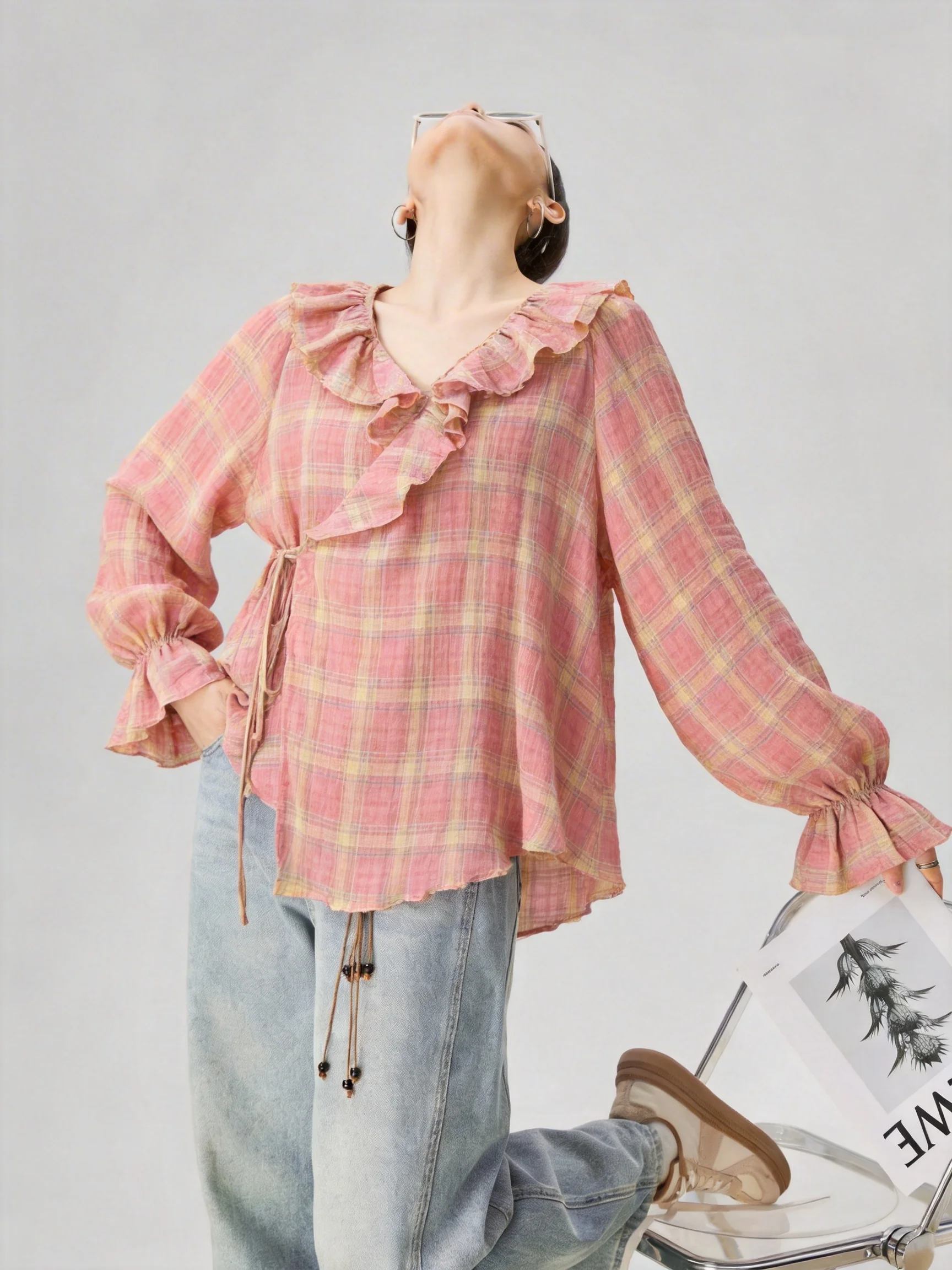 Pink Plaid V-neck Lantern Sleeve Shirt Women's Spring Fashion Design Casual Loose Fit Long Sleeve Button up Top - AliExpress Shirts & Blouses