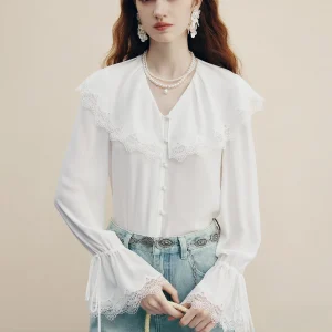 French Manx Lace Trimmed Blouse Women's Chiffon Shirt with Gentle Collar for Commuting And Dating in Autumn New Style - AliExpress Shirts & Blouses