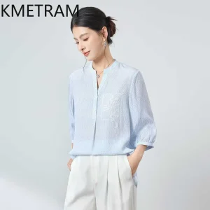 KMETRAM 16MM 100% Real Mulberry Silk Shirt Women Striped Blouse Light Blue Embroidered Summer Tops for Woman Clothing 2026 여름 옷 - AliExpress Shirts & Blouses