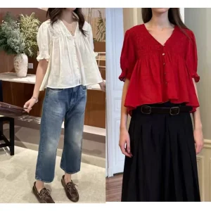 Ele Red Loose ort Sve V-Ne Single Button Women's irt Spring 2026 Faion Casual Breathable Comfortable Fabric - AliExpress Shirts & Blouses