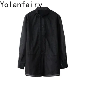 YOLANFAIRY Women Long Sleeve Sun Protection Shirt Stand Collar 100% Mulberry Silk Gambiered Organza Spliced Silk Blouse Tops - AliExpress Shirts & Blouses