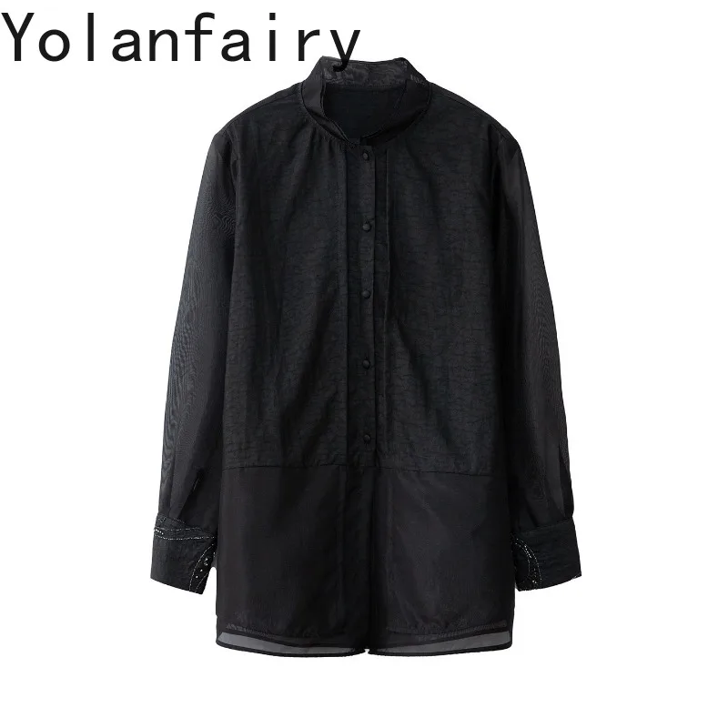YOLANFAIRY Women Long Sleeve Sun Protection Shirt Stand Collar 100% Mulberry Silk Gambiered Organza Spliced Silk Blouse Tops - AliExpress Shirts & Blouses
