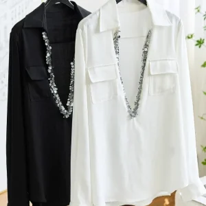 Linen Shirt Women's Loose Fit Heavy Embellishment Classic Style Button Detailing Long Sleeve V-Neck Mid-Length Casual Shirt - AliExpress Shirts & Blouses