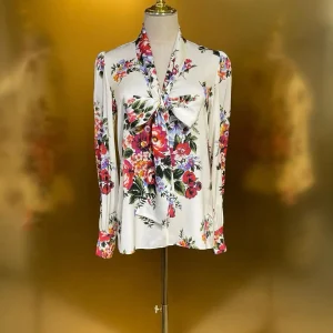 Elegant Long Sleeve Silk Shirt with Sash High Quality White Background Large Flower Design 19 Momme  Silk Women's Shirt - AliExpress Shirts & Blouses