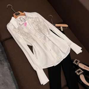 Ele Embroidered White irt Women's Long Sve Commute Slimming Top Heavy Work French Sle Girl's Faion Spring Collec... - AliExpress Shirts & Blouses