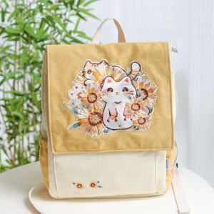 Yellow-orange Embroidered Daisy Cat Backpack Female Cute Backpack Canvas Bag Dirt-resistant Washable Durable Student Schoolbag - AliExpress Women's Handbags