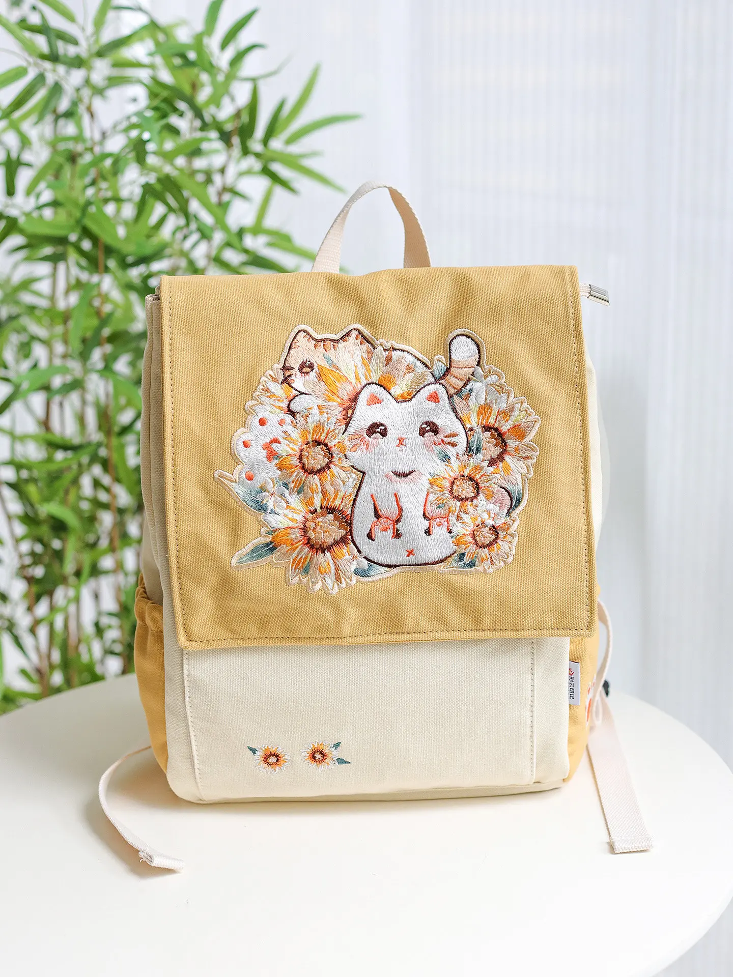 Yellow-orange Embroidered Daisy Cat Backpack Female Cute Backpack Canvas Bag Dirt-resistant Washable Durable Student Schoolbag - AliExpress Women's Handbags