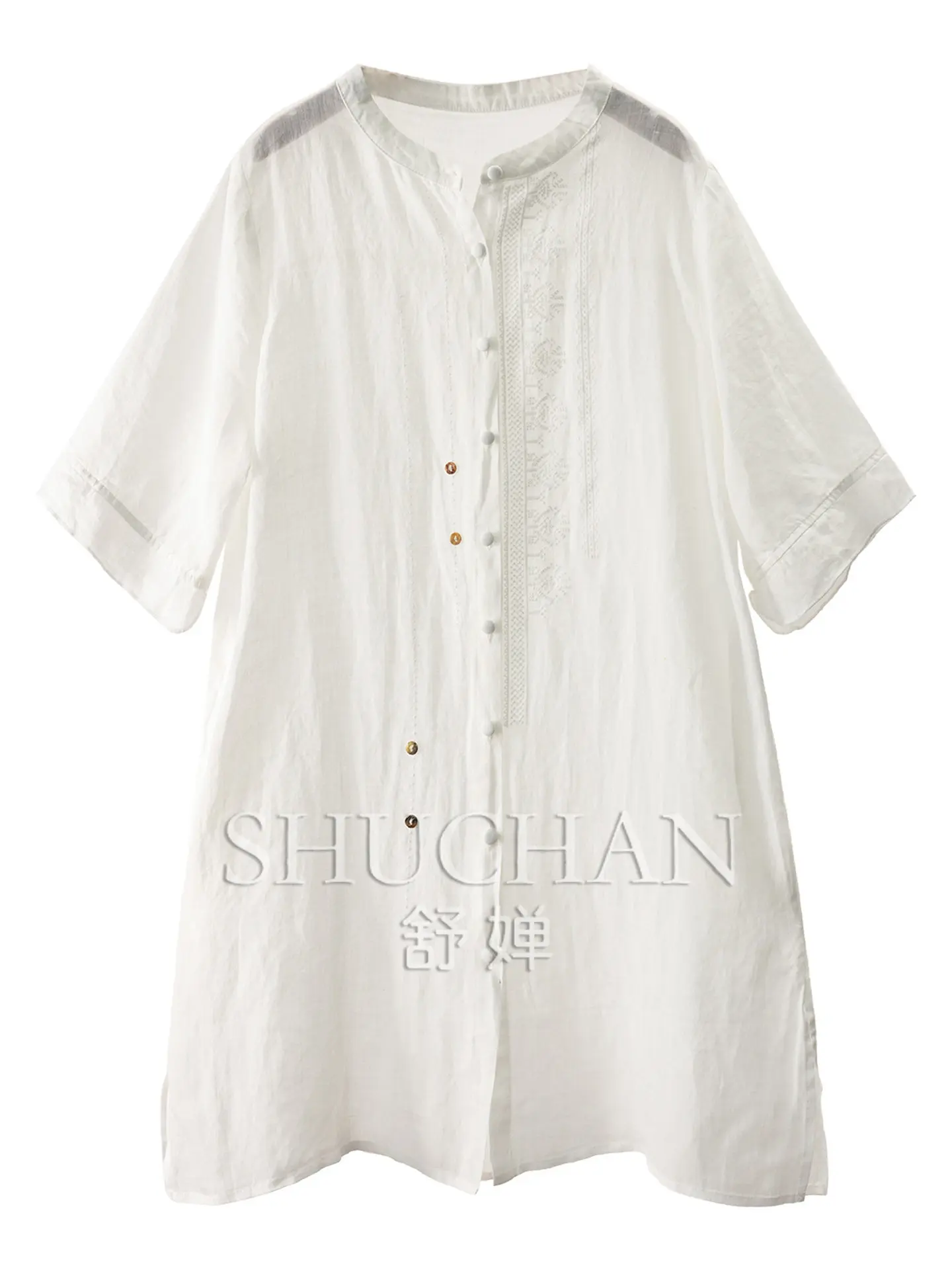 White Lime Embroidery Sequence Blouse Loose Split Embroidery Ramie Medium and Long Shirt Women's 69M8 - AliExpress Shirts & Blouses