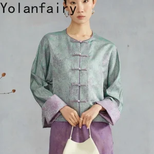 YOLANFAIRY 100% Real Mulberry Silk Cardigan Jakcet Women Tie-dye O-Neck Long Sleeve Shirts Roll-up Sleeve Top Coat Chinese Style - AliExpress Shirts & Blouses
