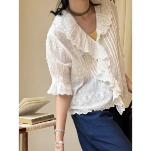Elegant White Cotton Shirt with Embroidered Heavy Work Hollow Flowers And Lace  by HEIDD for Women Breathable Summer 2026 - AliExpress Shirts & Blouses