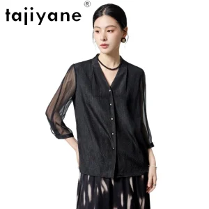 TAJIYANE 91.1 % Mulberry Silk Shirts for Woman Fashion V-Neck Three-Quarter Sleeves Blouse New Summer Tops 2026 Women Clothes 셔츠 - AliExpress Shirts & Blouses