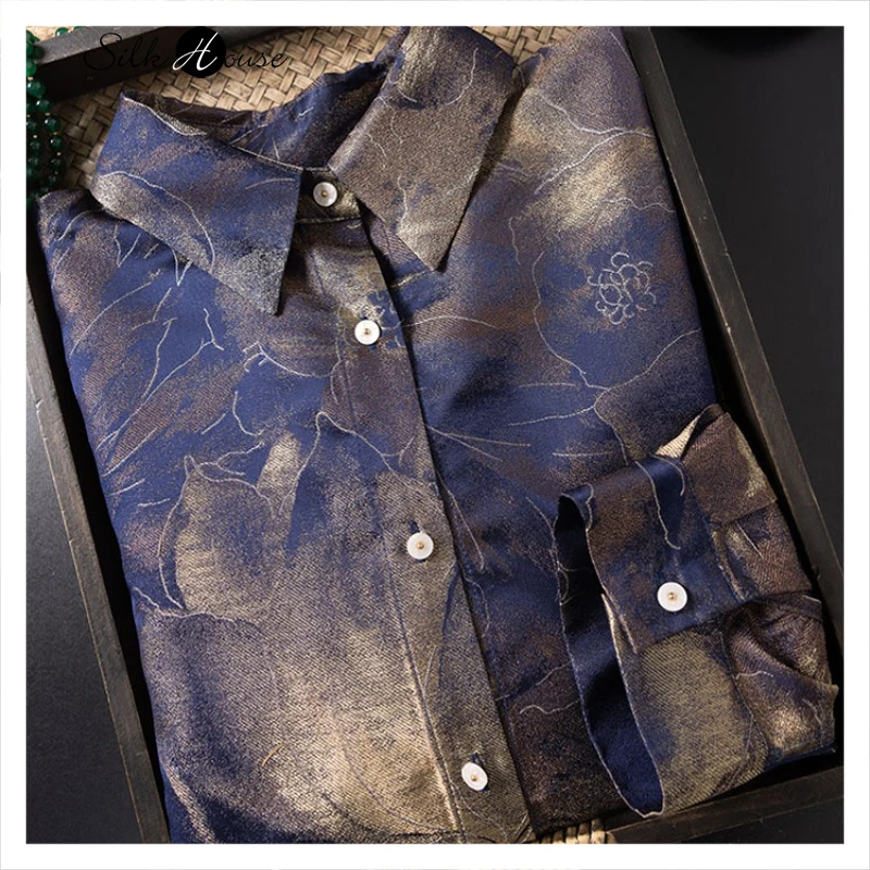 Women's Clothing Heavy 100% Natural Mulberry Silk Song Brocade Navy Blue Lotus Retro Versatile Comfortable Temperament Shirt - AliExpress Shirts & Blouses