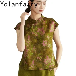 YOLANFAIRY Luxury 100% Natural Mulberry Silk Shirts for Women Elegant Red Watered Gauze Blouse Stand Collar Summer Womens Tops - AliExpress Shirts & Blouses