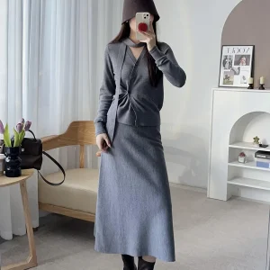 Elegant Autumn Winter Knitted Woolen Asymmetric Open Cardigan Skirt for Women Long Sleeve V-Neck Regular Length Button Detail - AliExpress Sweaters&Jumpers