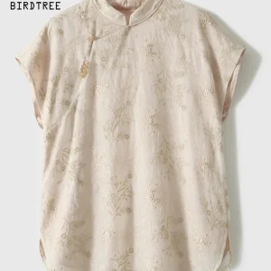 BirdTree-Bottom 100%Real Silk Elegant Shirt, Short Sleeve Embroidery, Women Retro Temperament Loose Blouse, 2026 Summer T63637CC - AliExpress Shirts & Blouses