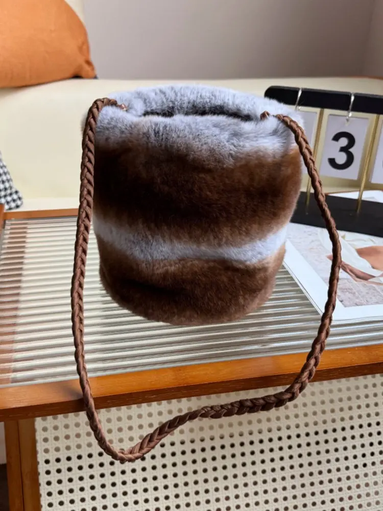 Winter New Women's Real Rex Rabbit Fur Bucket Bag Chinchilla Color Open Top Shoulder Handbag Small Bucket - AliExpress Women's Handbags