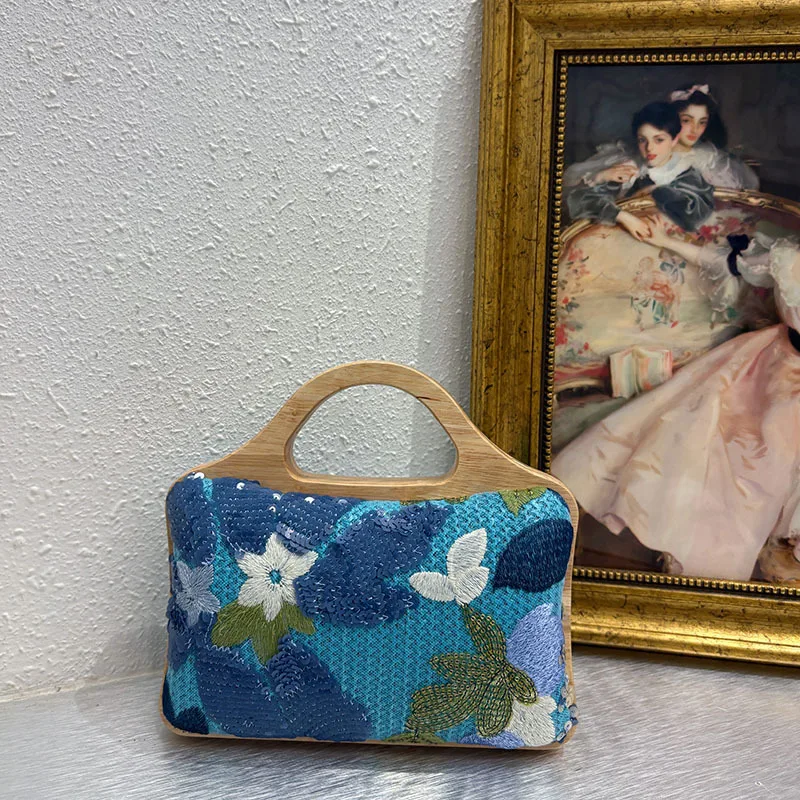 Retro national style new Chinese linen bag heavy industry sequined flower splicing embroidery trend elegant portable dinner bag - AliExpress Women's Handbags