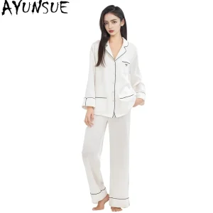 AYUNSUE 19Mm 100% Mulberry Silk Pajama Sets Sleepwear Women Clothes Spring Autumn Casual Pants Long Sleeve Top Two-piece Пижам - AliExpress Women's Sleep & Lounge