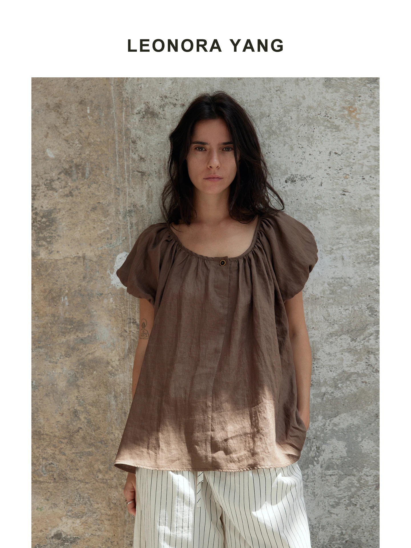 Leonorayang Summer Linen Shirt Women's Loose Fit Bubble Sleeve round Neck Half Open Front Vintage Style Breathable Casual Top - AliExpress Shirts & Blouses