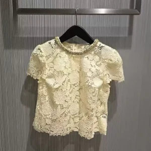 Elegant Yellow Lace Shirt Hollow out Short Sleeve Diamond Mouth Luxury Casual Summer Top for Women Breathable Polyester - AliExpress Shirts & Blouses