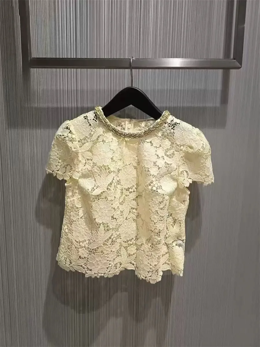 Elegant Yellow Lace Shirt Hollow out Short Sleeve Diamond Mouth Luxury Casual Summer Top for Women Breathable Polyester - AliExpress Shirts & Blouses