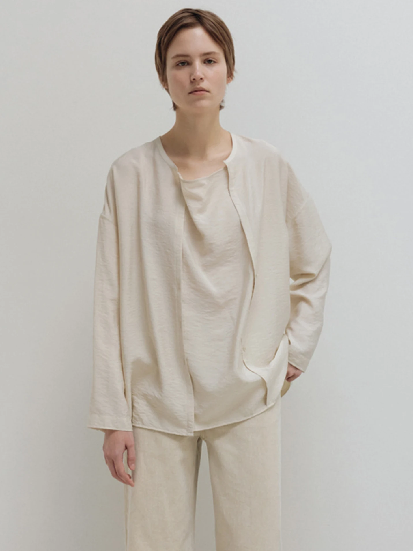 Moia Women's Shirt Spring Summer Loose Long Sleeve round Neck Pure Color Asymmetrical Hemline Drapey Feel Faux Two-Piece Style - AliExpress Shirts & Blouses