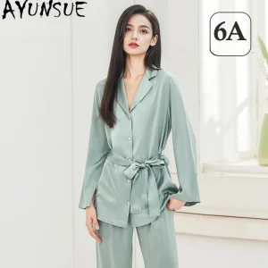 AYUNSUE 19Mm 100% Mulberry Silk Sleepwear Women Spring Summer Clothes Pajama Set Long Sleeve Top Pants Women's Home Clothes Belt - AliExpress Women's Sleep & Lounge
