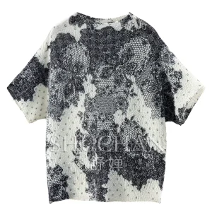 T Ink Dyed Flowers Blouse Ink Printing Miyake Pleated Round Neck Short-sleeved Shirt Women's 37W0 - AliExpress Shirts & Blouses