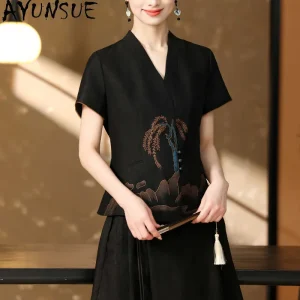 AYUNSUE 100% Mulberry Silk Womens Tops Xiangyunsha New Chinese Style T-shirts for Women Printed Summer Clothing 2026 Ropa Mujer - AliExpress Shirts & Blouses