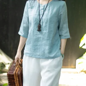 Jiangnan Nian Women's round Ne Five-Quarter Sve irt Versatile Lightweight Flax Loose Fit Commute Sle Summer irt - AliExpress Shirts & Blouses