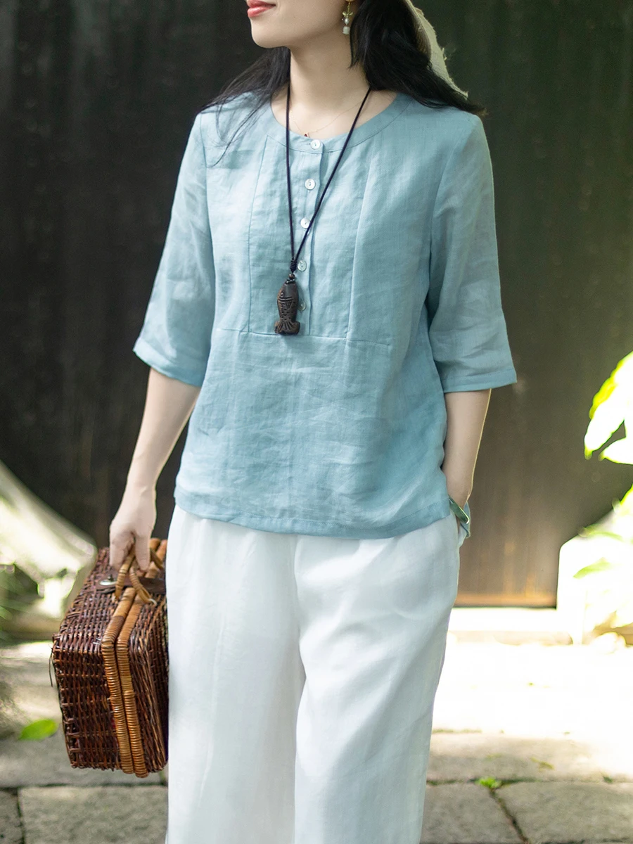 Jiangnan Nian Women's round Ne Five-Quarter Sve irt Versatile Lightweight Flax Loose Fit Commute Sle Summer irt - AliExpress Shirts & Blouses