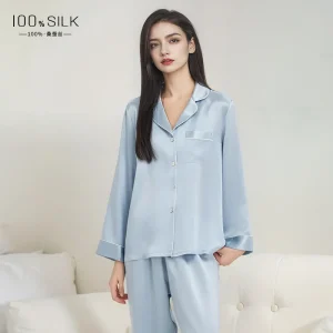 19 Momme 100% Mulberry Silk Women's Sleepwear Set Satin Pajamas Solid Color Spring Long Sleeve Button Lapel Collar Tops & Pants - AliExpress Women's Sleep & Lounge