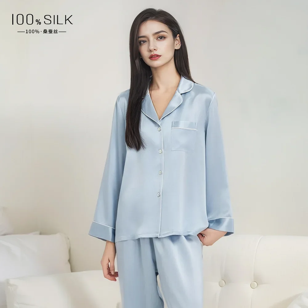 19 Momme 100% Mulberry Silk Women's Sleepwear Set Satin Pajamas Solid Color Spring Long Sleeve Button Lapel Collar Tops & Pants - AliExpress Women's Sleep & Lounge