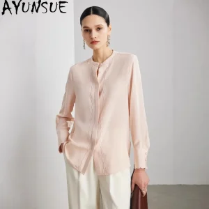 AYUNSUE Double Crepe Silk Women's Blouses and Shirts Solid Long Sleeve Tops for Woman 100% Mulberry Silk Shirts Woman Clothes - AliExpress Shirts & Blouses