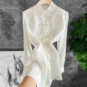 Ele Lace Embroidered Silk irt Chinese Sle Button up Small Batch White True Silk Top for Sophistied Women - AliExpress Shirts & Blouses