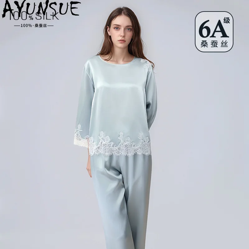 AYUNSUE 100% Silk Pajama Sets Woman Casual O-neck Pajamas for Women Solid Color Womens Matching Sets High Quality Пижама Женская - AliExpress Women's Sleep & Lounge