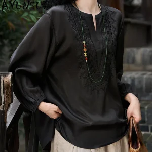 AYUNSUE Xiangyunsha Silk Women's Blouses Chinese Style Embroidered Tops for Woman Spring Black Top Woman Clothes Женская Одежда - AliExpress Shirts & Blouses