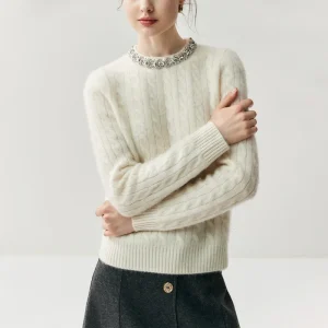 Women's 100% Cashmere Round-Neck Diamond-Embellished Cable-Knit Pullover Luxurious Fashionable Sweater Autumn Winter Knitwear - AliExpress Sweaters&Jumpers
