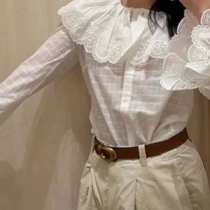 Ele Embroidered Lace Trim Bell Sve irt Large Collar Spring 2026 Women's Cotton Pure Color Button up Casual irt - AliExpress Shirts & Blouses