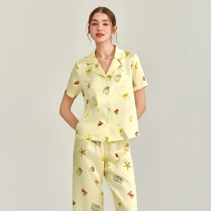100% Mulberry Silk 2 Piece Pajama Set Women Summer Cute Print Short Sleeve Lapel Shirt Pants Casual Luxury Sleepwear Loungewear - AliExpress Women's Sleep & Lounge