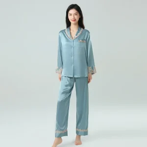 19MM 100% Mulberry Silk Long Sleeve Trousers Pajama Suit Embroidered Lace Cardigan Pj Set Spring and Fall Comfortable Homewear - AliExpress Women's Sleep & Lounge