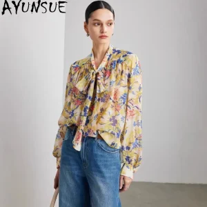 AYUNSUE Georgette Silk Women's Blouses and Shirts Printed Long Sleeve Tops for Woman Semi-Sheer 100% Mulberry Silk Woman Clothes - AliExpress Shirts & Blouses