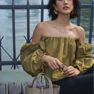 Casual Style Drawstring Shoulder Bared Bubble Sleeve Shirt Women's Loose Fit Short Length Casual Spring Summer Top - AliExpress Shirts & Blouses