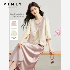 VIMLY Women's New Chinese Style Two‑piece Set Pink Jacquard Sleeveless Vest Seven‑sleeve Blouses Elegant Fashion Outfit A7273 - AliExpress Shirts & Blouses