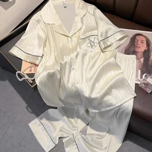 New high-quality bright striped silk pajamas for men and women, short sleeved pants, simple and thin home clothes - AliExpress Women's Sleep & Lounge