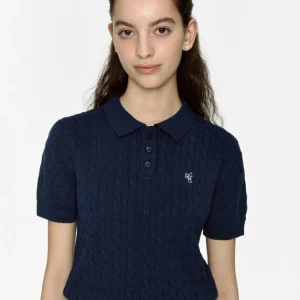 Retro  irt Twisted Pure Cotton ort Sve Turn-down Collar Women's Slimming Top American Sle Blue Knittedwear Summer - AliExpress Sweaters&Jumpers