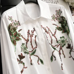 Elegant Embroidered White Long Sleeve Shirt Women's Fashion Heavy-duty Beadwork Collared Top Original Design Loose Fit Spring... - AliExpress Shirts & Blouses