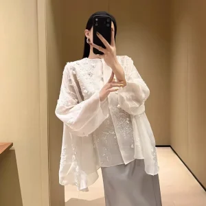High Quality Women's Silk Organza Beige Cloak Top Long Sleeve Fashion Vintage Loose Sequins Embroidery Shirt - AliExpress Shirts & Blouses